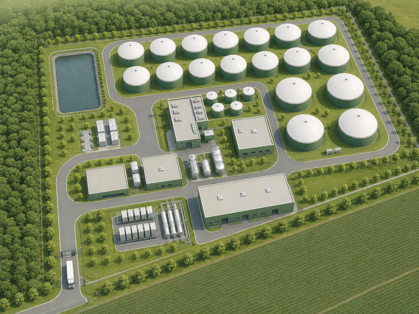 Poglądowa wizualizacja biometanowni z zabudową technologiczną, zbiornikami, drogami wewnętrznymi, zielenią i otoczeniem rolniczym.